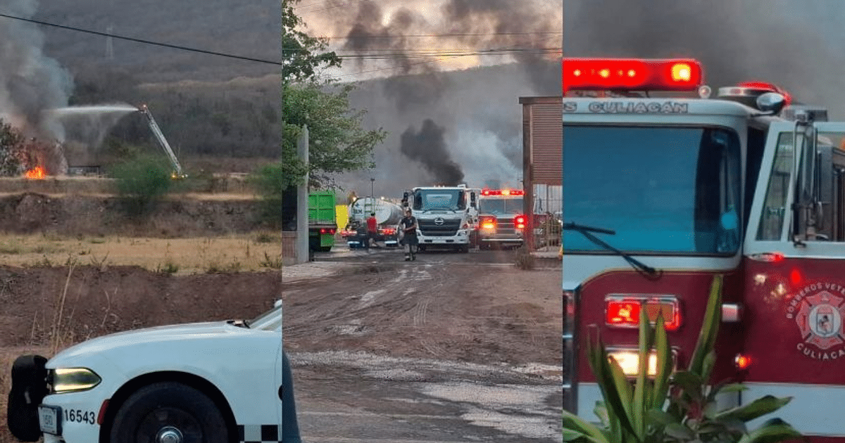 Camión de bomberos y vehículos de emergencia respondiendo a un incendio en planta de diésel en Culiacán.