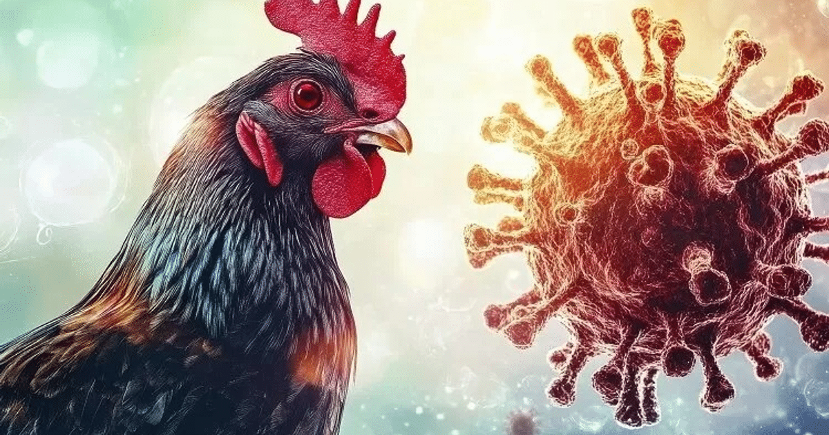 Gallo y virus artístico representando la influenza aviar H5N1 en Coahuila