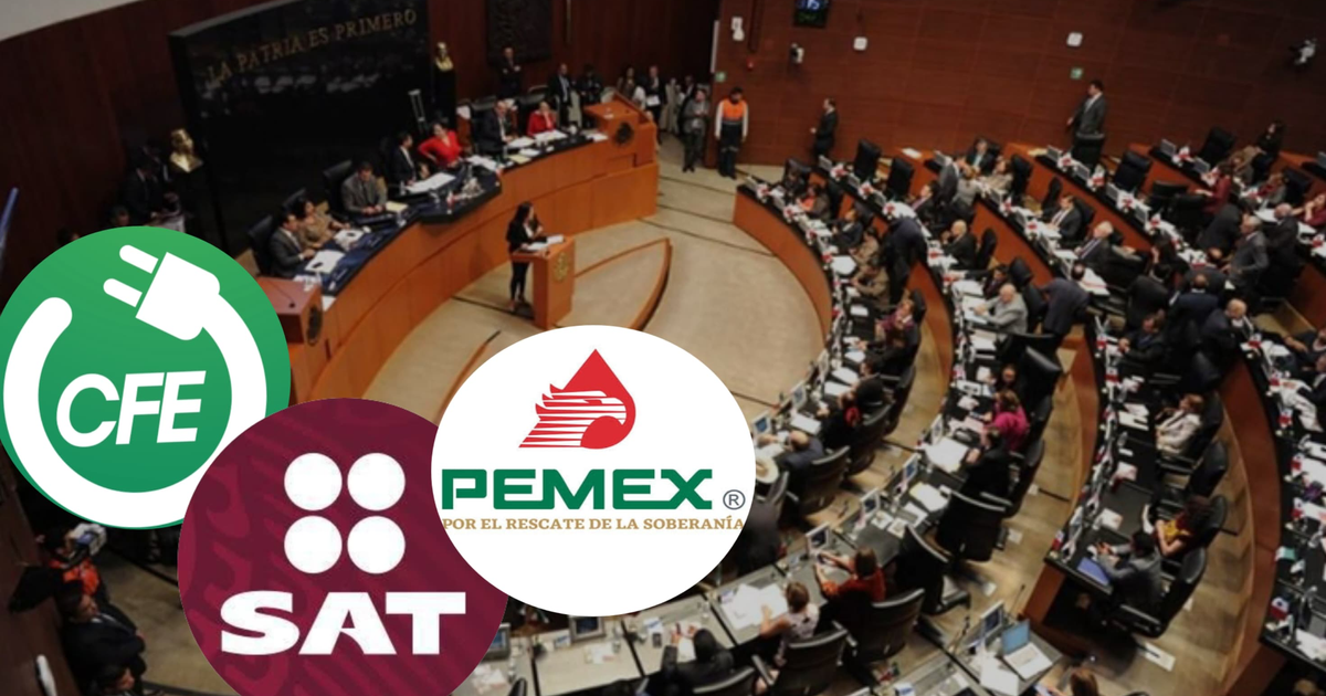 Recinto legislativo en sesión sobre reforma a la Ley de Armas en México, con logotipos de CFE, SAT y PEMEX.
