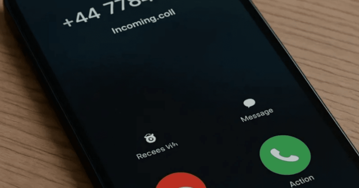 Pantalla de teléfono móvil con llamada entrante del Reino Unido, código +44, sobre superficie de madera.