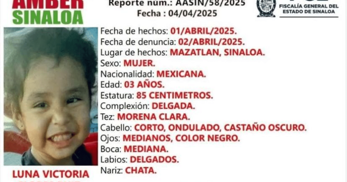 Reporte de búsqueda de menor desaparecida en Sinaloa con detalles físicos y de ubicación.