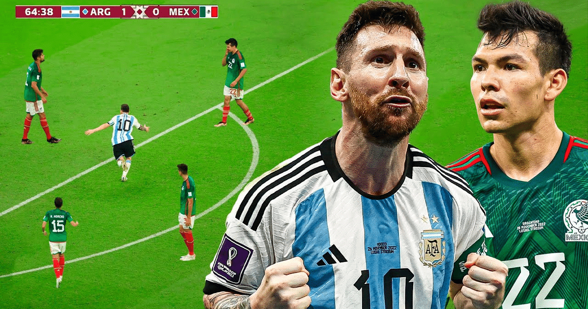 Jugador argentino número 10 celebrando un gol contra México en un partido de fútbol, con el marcador 1-0 a favor de Argentina.