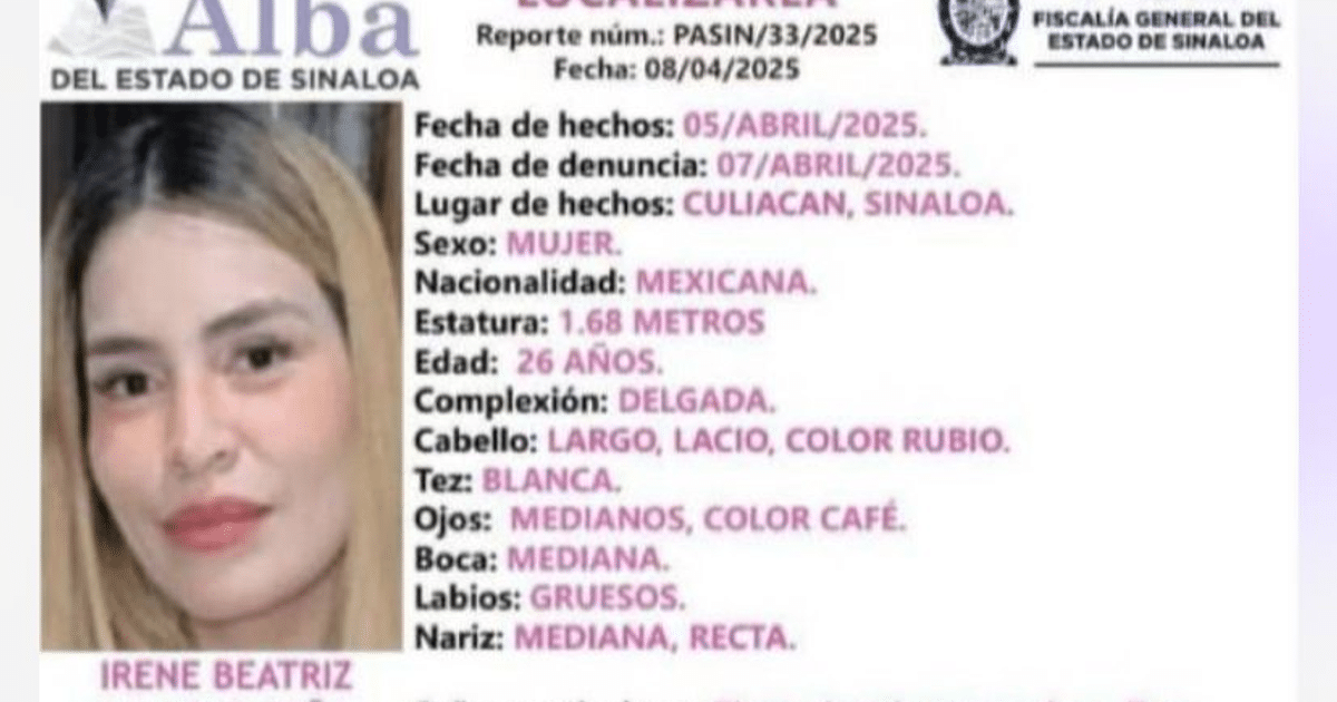 Aviso de búsqueda de Irene Beatriz, desaparecida en Culiacán, Sinaloa, con detalles físicos y de vestimenta.
