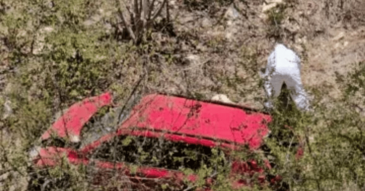 Camioneta roja en barranca boscosa con investigador en traje blanco