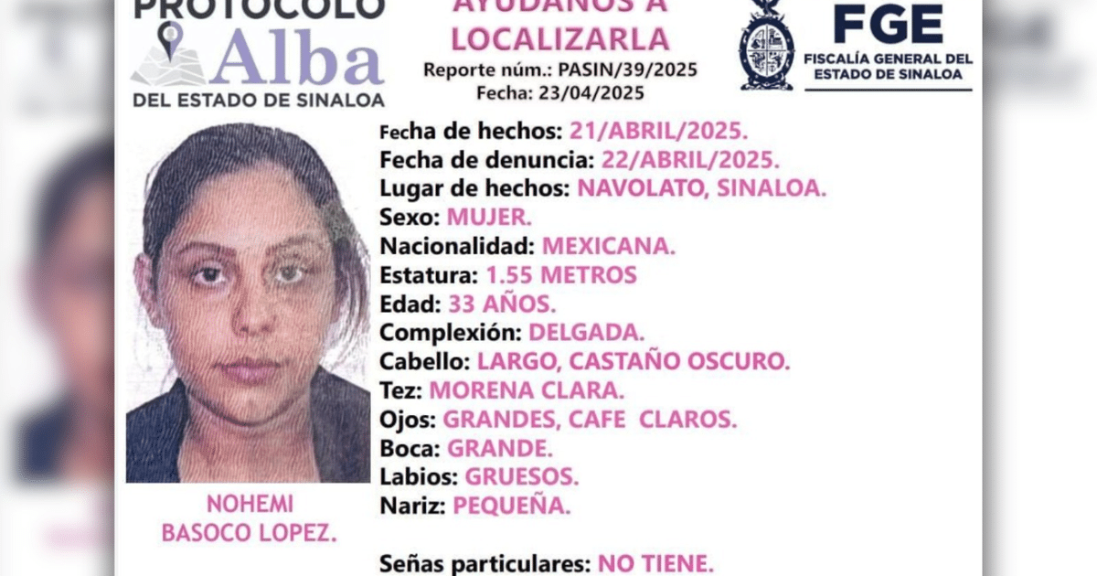 Cartel de búsqueda de Nohemí Basoco López bajo el Protocolo Alba en Sinaloa