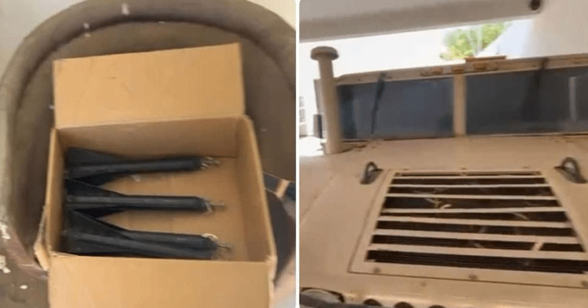 Caja con componentes negros y vehículo militar incautados en operativo en Culiacán