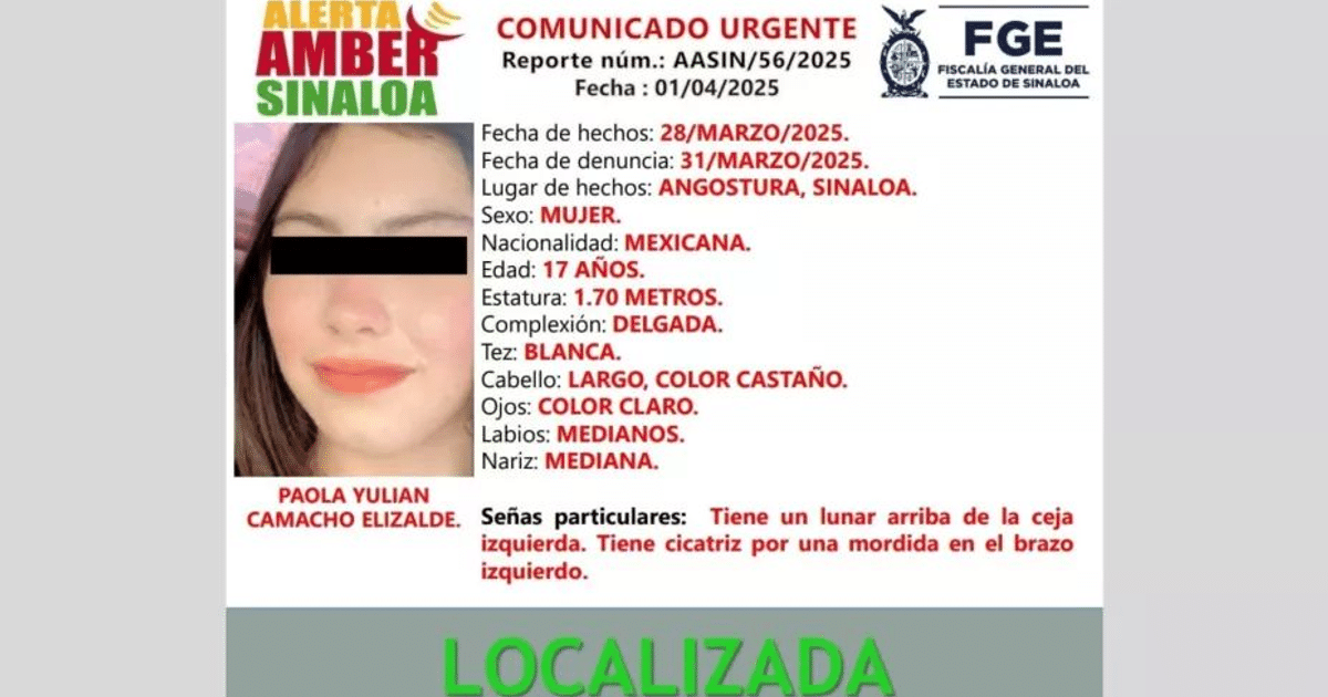 Comunicado de Alerta Amber Sinaloa sobre la localización de Paola Yulian Camacho Elizalde.
