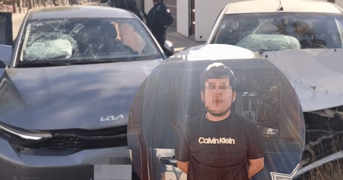 Dos vehículos dañados tras colisión en Culiacán, con personal de seguridad en el fondo.