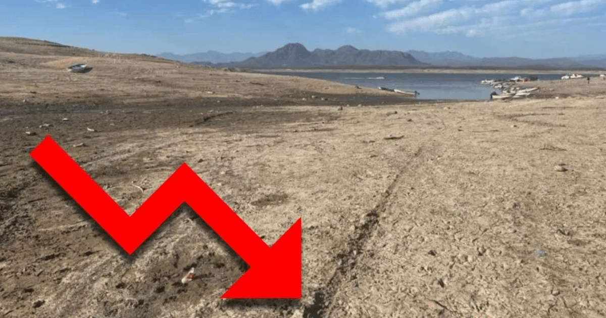 Paisaje de sequía con lago de bajo nivel de agua y montañas al fondo en Sinaloa.