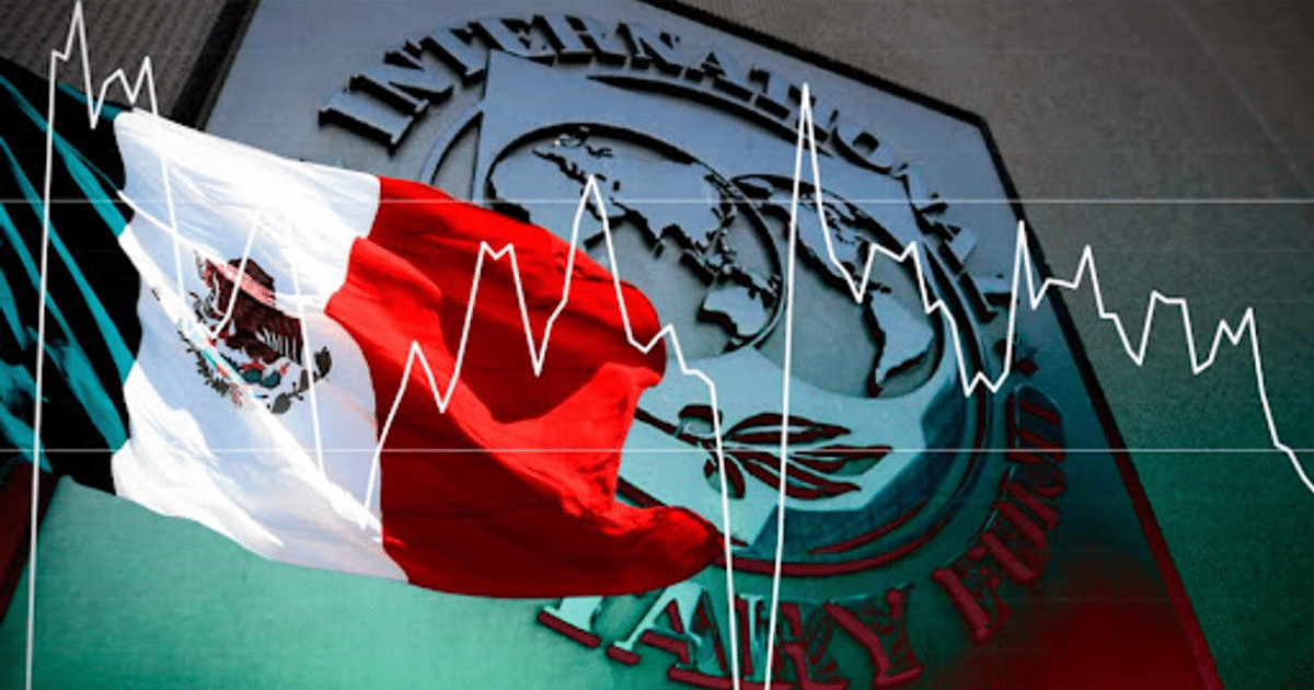 Bandera de México con gráfico financiero y logo del FMI