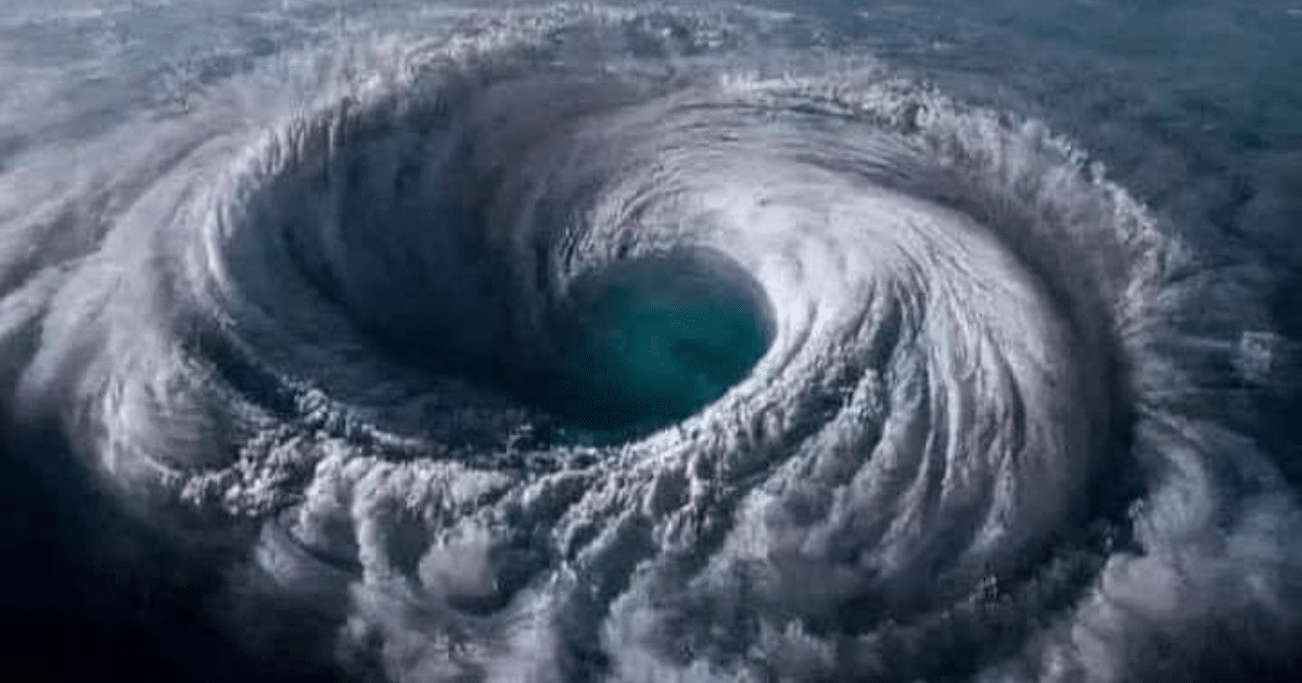 Imagen de nubes en espiral formando un vórtice ciclónico, con un centro claro indicando baja presión.