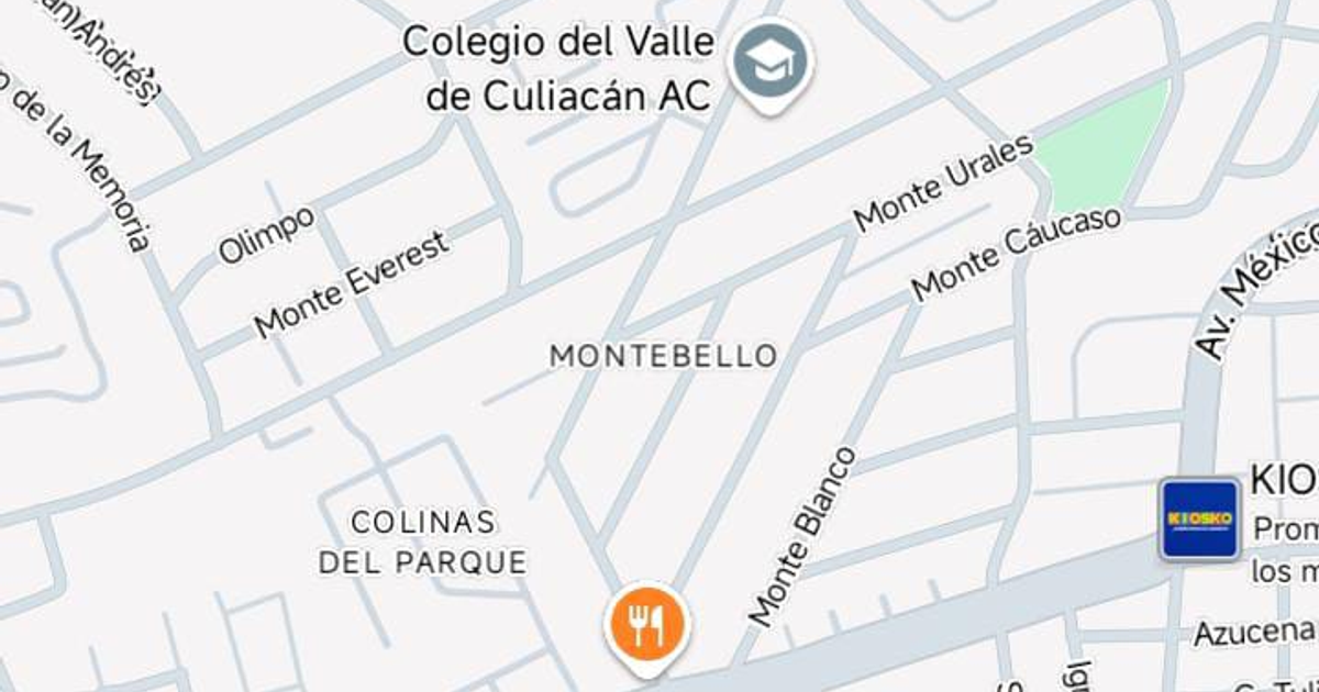 Mapa de Culiacán mostrando calles y lugares destacados como 'Olimpo', 'Monte Everest', y 'Colegio del Valle de Culiacán AC'.