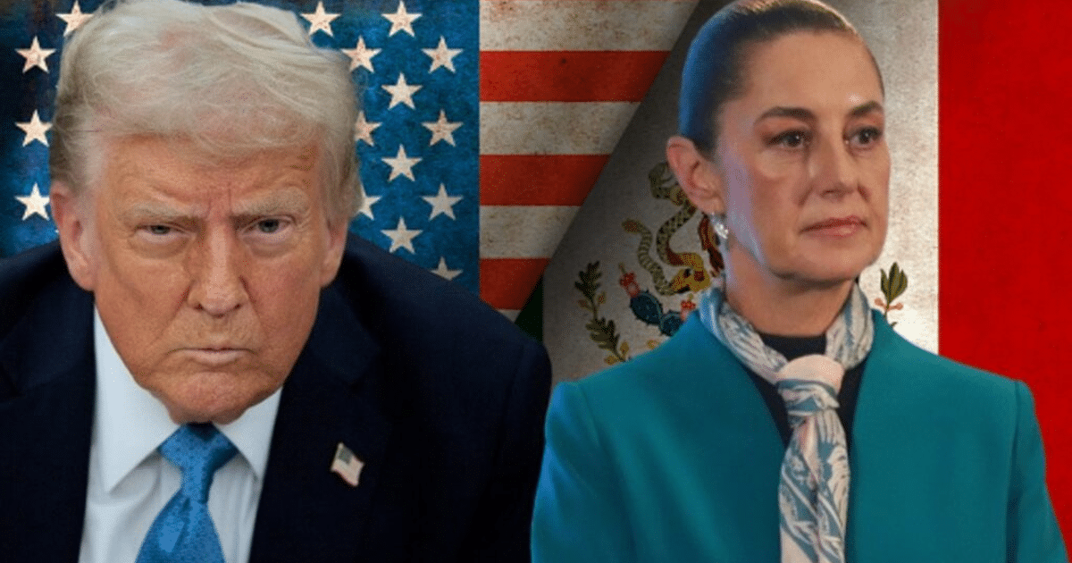 Dos personas frente a banderas de Estados Unidos y México durante conferencia sobre aranceles.