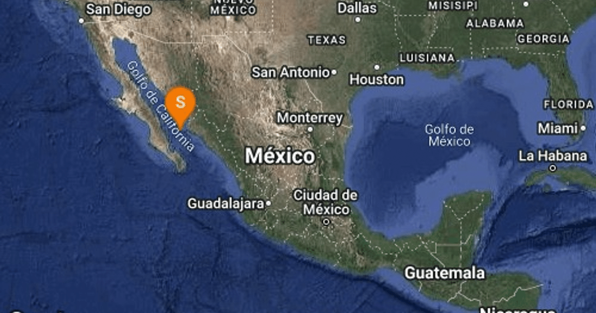 Mapa de México y Estados Unidos con marcador en el Golfo de California, relacionado con el sismo en Sinaloa.
