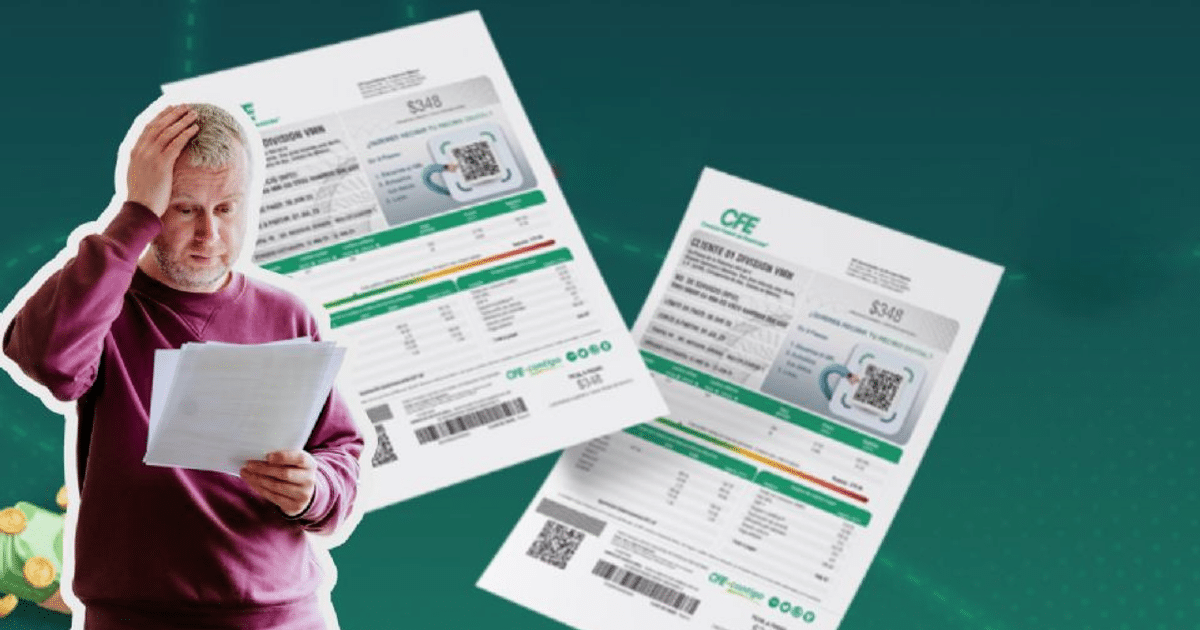Persona preocupada con facturas de CFE en mano, fondo verde, contexto de subsidio de verano.
