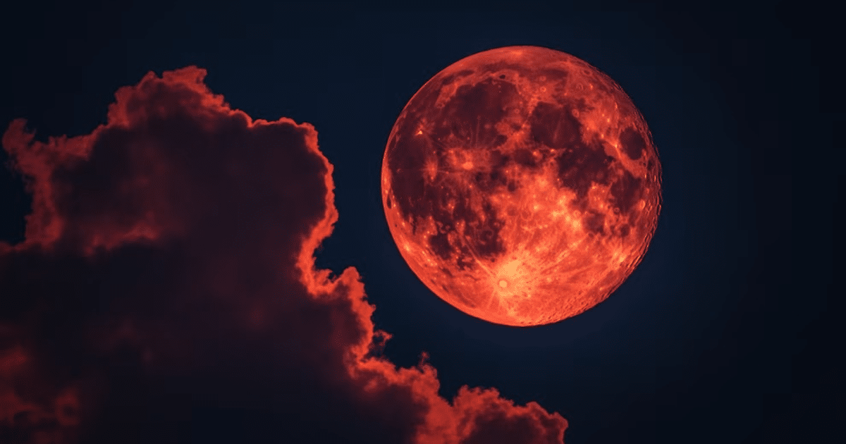Imagen de una luna llena rojiza en un cielo oscuro con nubes, durante la Superluna en el perigeo.