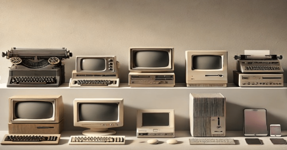 Dispositivos tecnológicos que muestran la evolución de la computación, desde una máquina de escribir hasta un smartphone moderno.