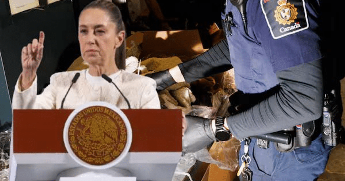 Persona en podio con emblema gubernamental y oficial manipulando objetos en conferencia sobre tráfico de fentanilo.