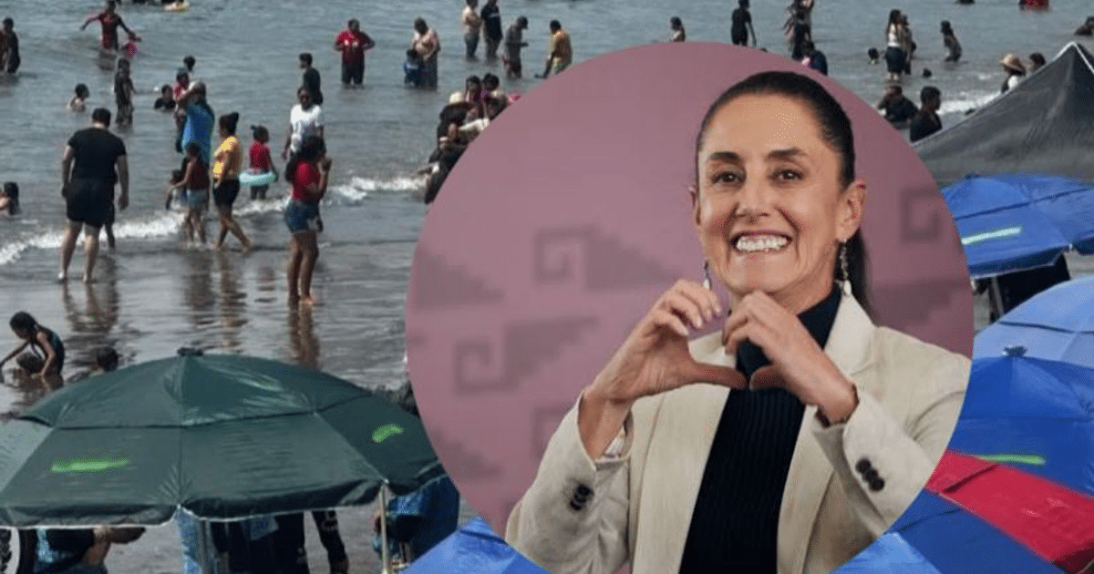 Grupo de personas disfrutando en la playa de Acapulco con sombrillas y una mujer haciendo un gesto de corazón.
