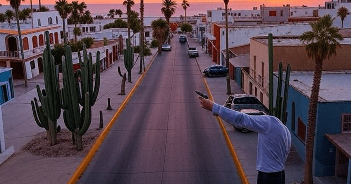 Calle con edificios coloridos, cactus humano y cielo al atardecer en Los Cabos.