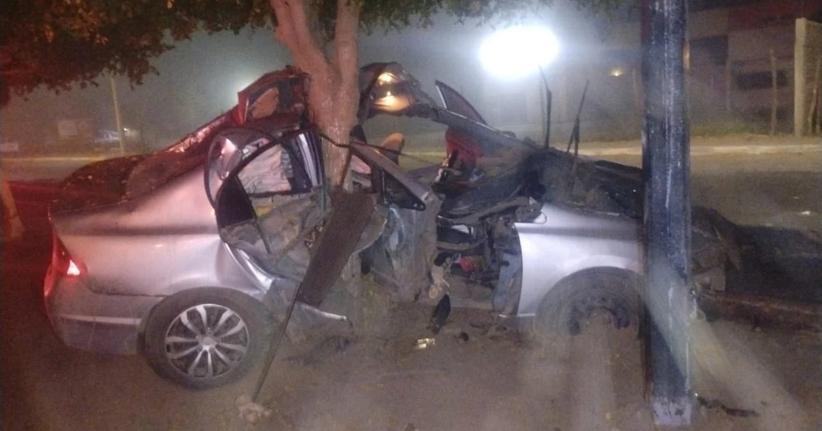Honda Civic plateado accidentado contra un árbol en Guasave, Sinaloa, durante la noche.