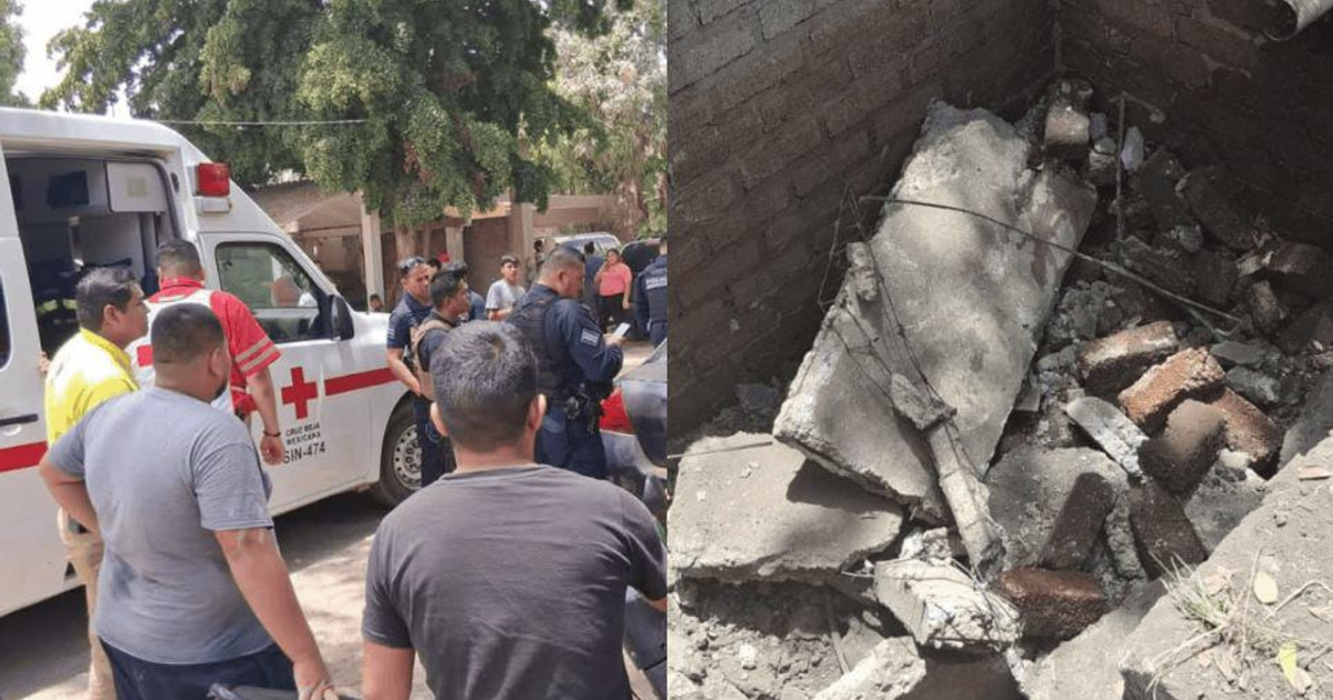 Ambulancia y personal de emergencia en escena de colapso de losa en escuela de Guasave