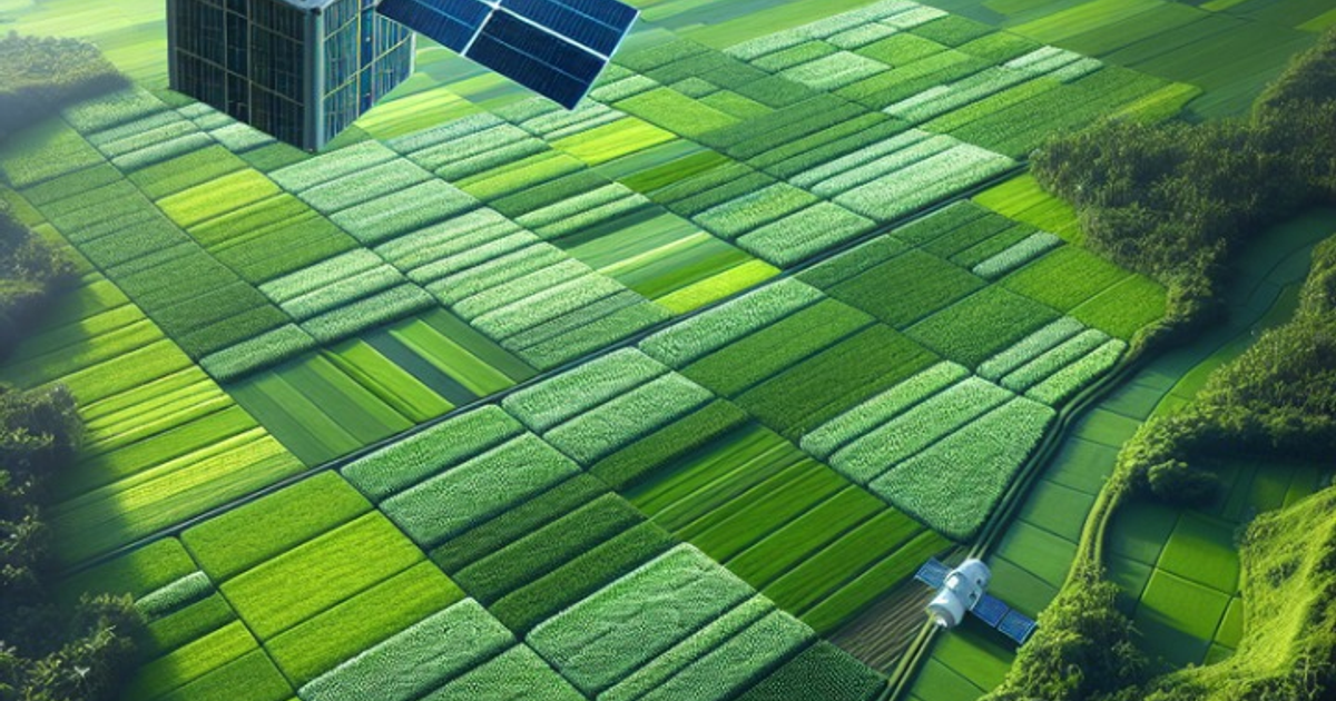 Vista aérea de campos de cultivo con satélite, bosque y río, representando la tecnología en la agricultura.
