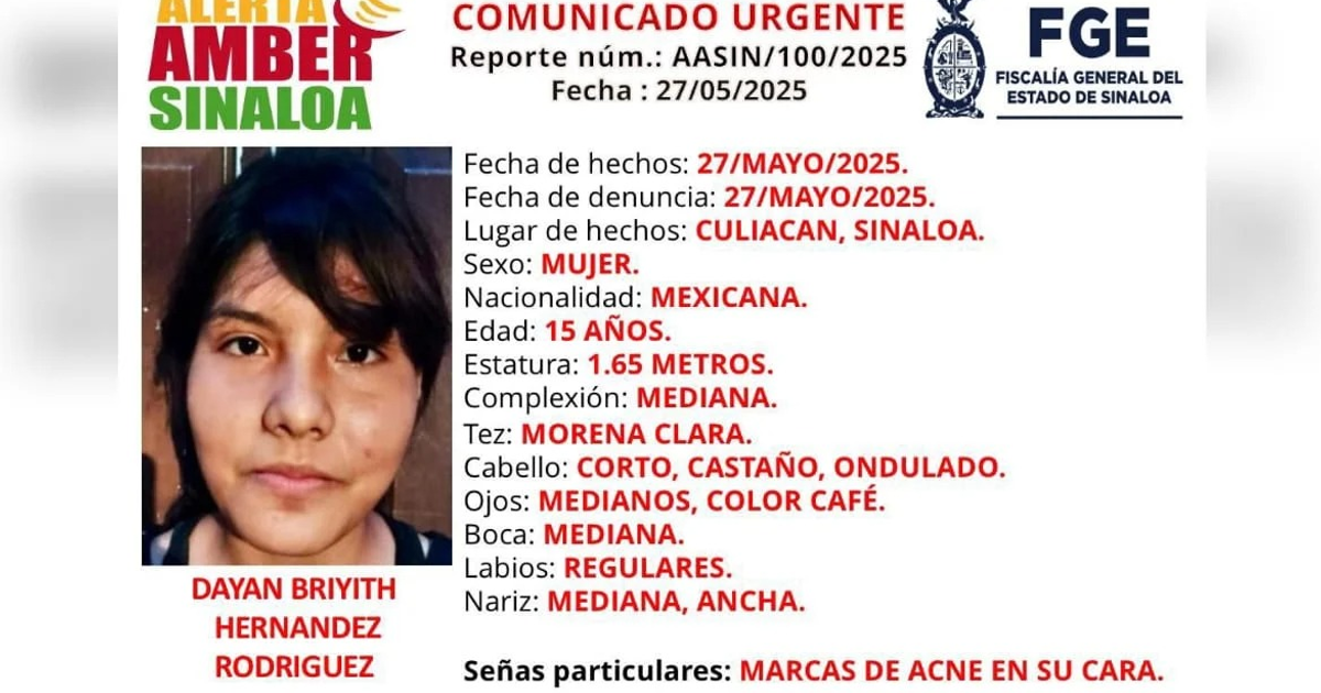 Comunicado de alerta Amber para Dayan Briyith Hernández Rodríguez, desaparecida en Culiacán.