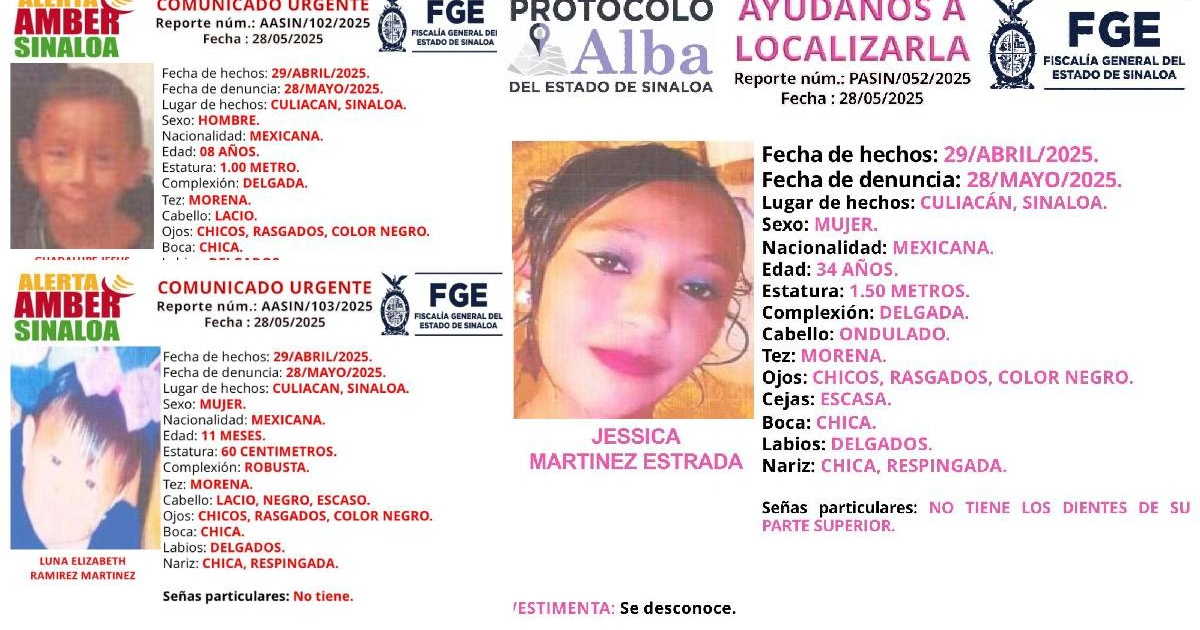 Imagen de búsqueda de Jessica Martínez Estrada y sus hijos desaparecidos en Culiacán bajo el Protocolo Alba.