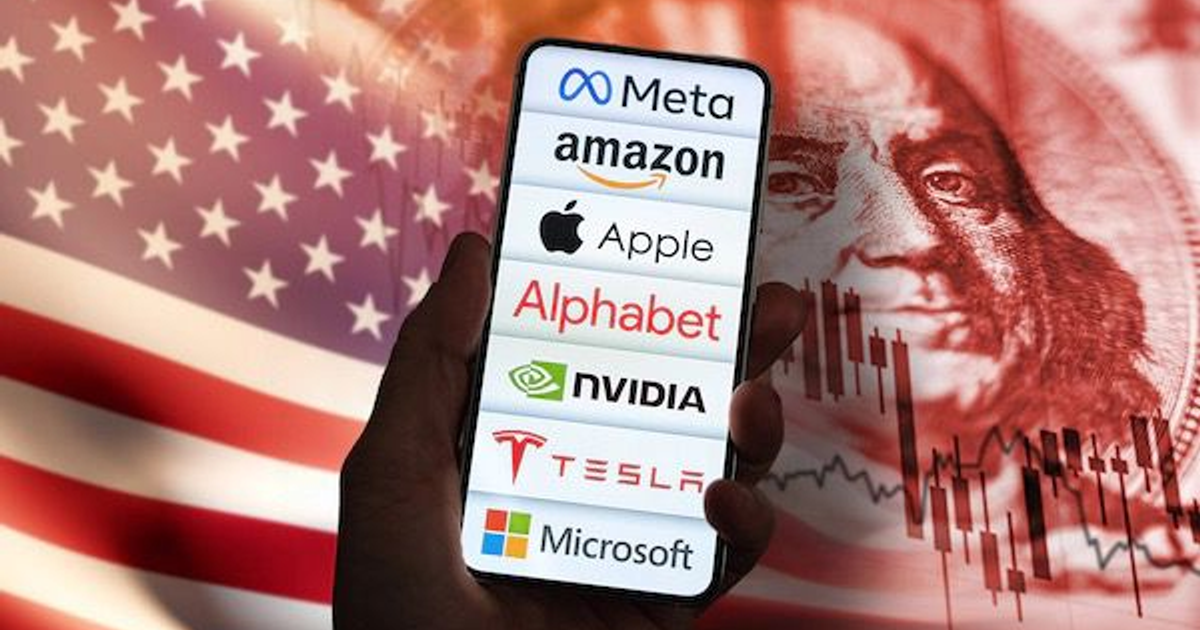 Teléfono móvil con logotipos de empresas tecnológicas y fondo de bandera de EE.UU. y gráfico financiero.