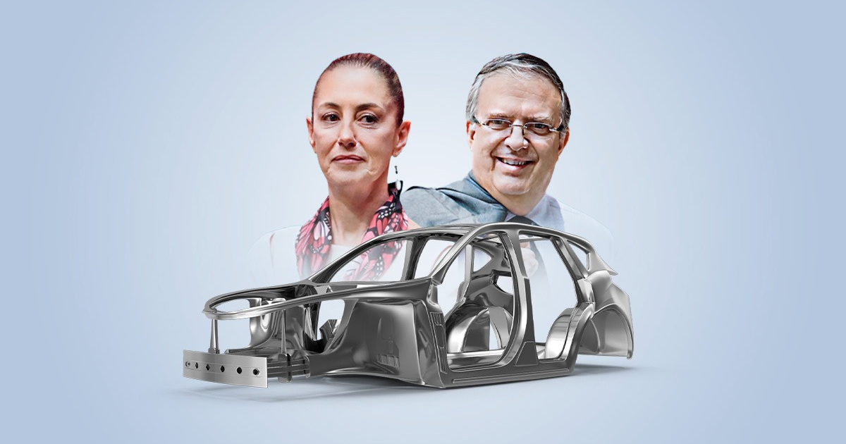 Estructura de automóvil con rostros superpuestos, relacionada con el T-MEC y autopartes mexicanas.