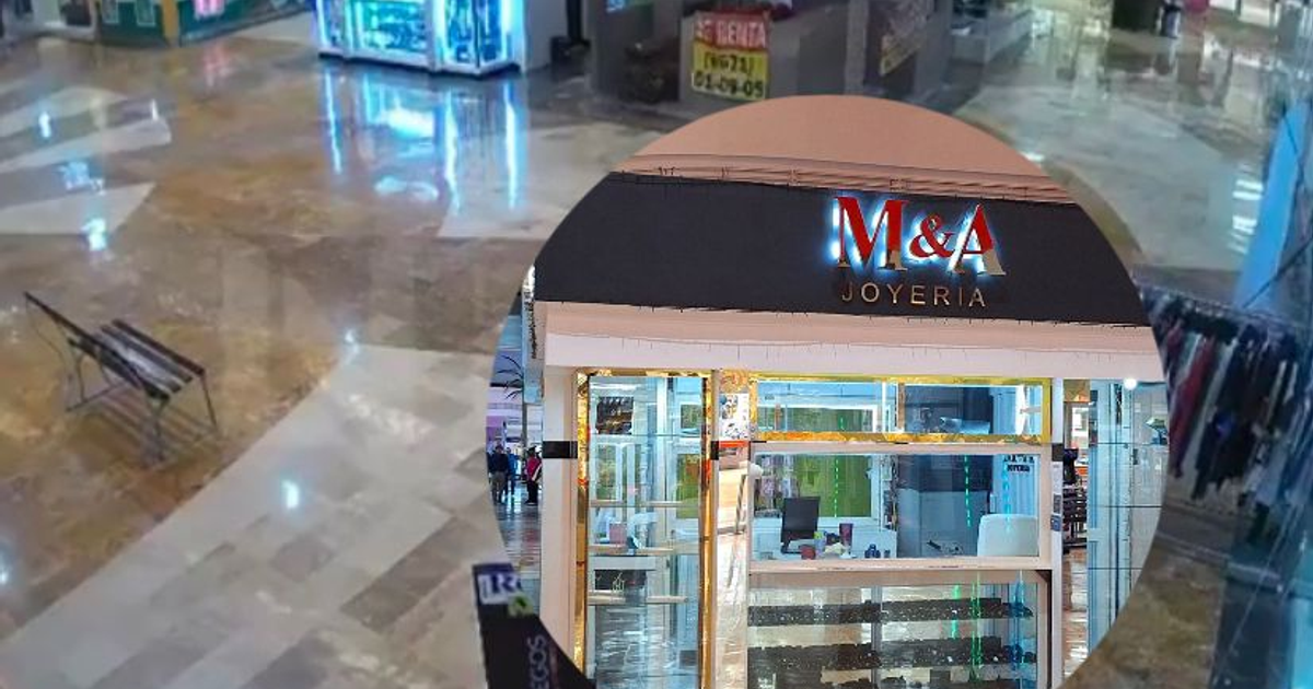 Vista de la joyería M&A en el centro comercial La Campiña, Culiacán, con vitrinas de joyas y un banco vacío en primer plano.