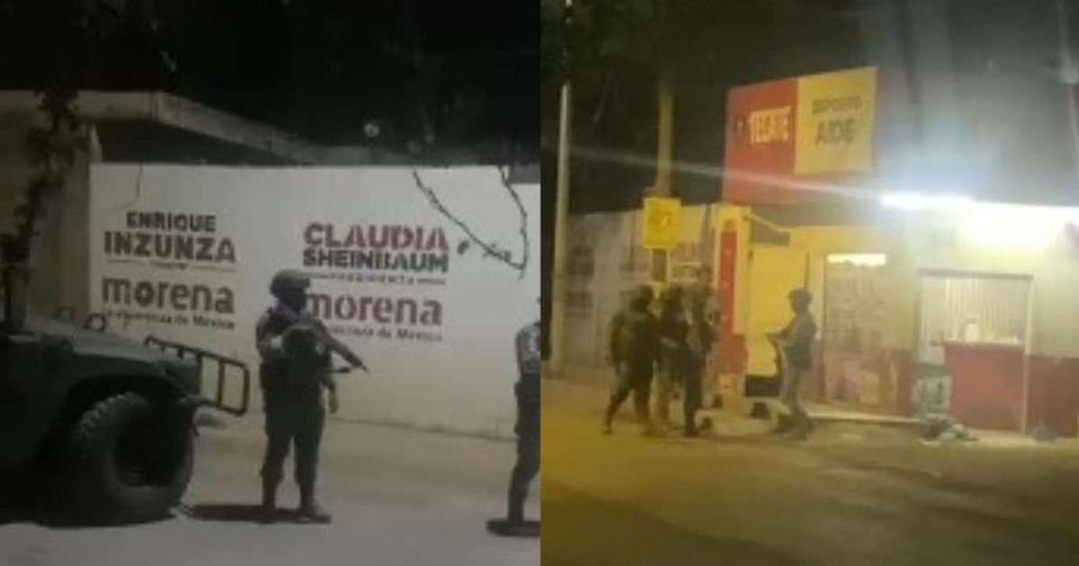 Escena de seguridad en Culiacán con vehículo militar y tienda iluminada