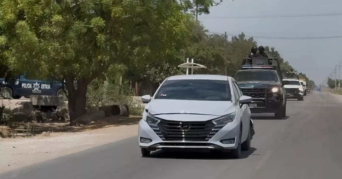 Carretera en El Tigre con vehículos, incluyendo un coche blanco y un vehículo de policía estatal, rodeada de árboles y zona rural.