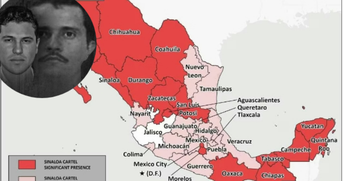 Mapa de México con áreas rojas indicando la influencia del Cártel de Sinaloa, vinculado a la expansión del CJNG y 'Los Chapitos'.