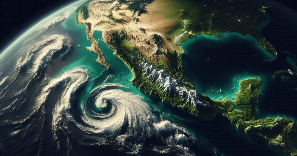 Imagen satelital de América del Norte con huracán en el océano, vinculada al ciclón Alvin.