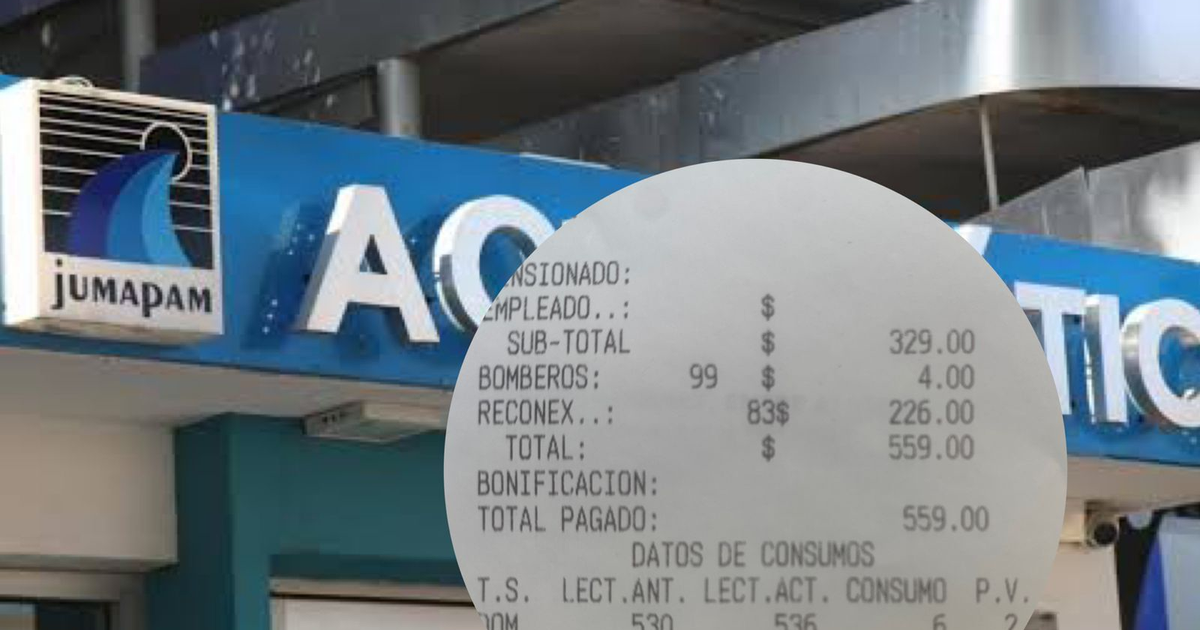 Recibo de agua Jumapam con total de 559.00 pesos y detalles de consumo.