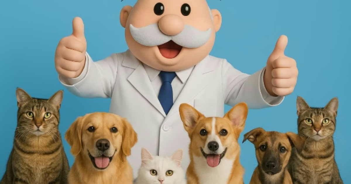 Veterinario animado de Simi Pet Care con perros y gatos