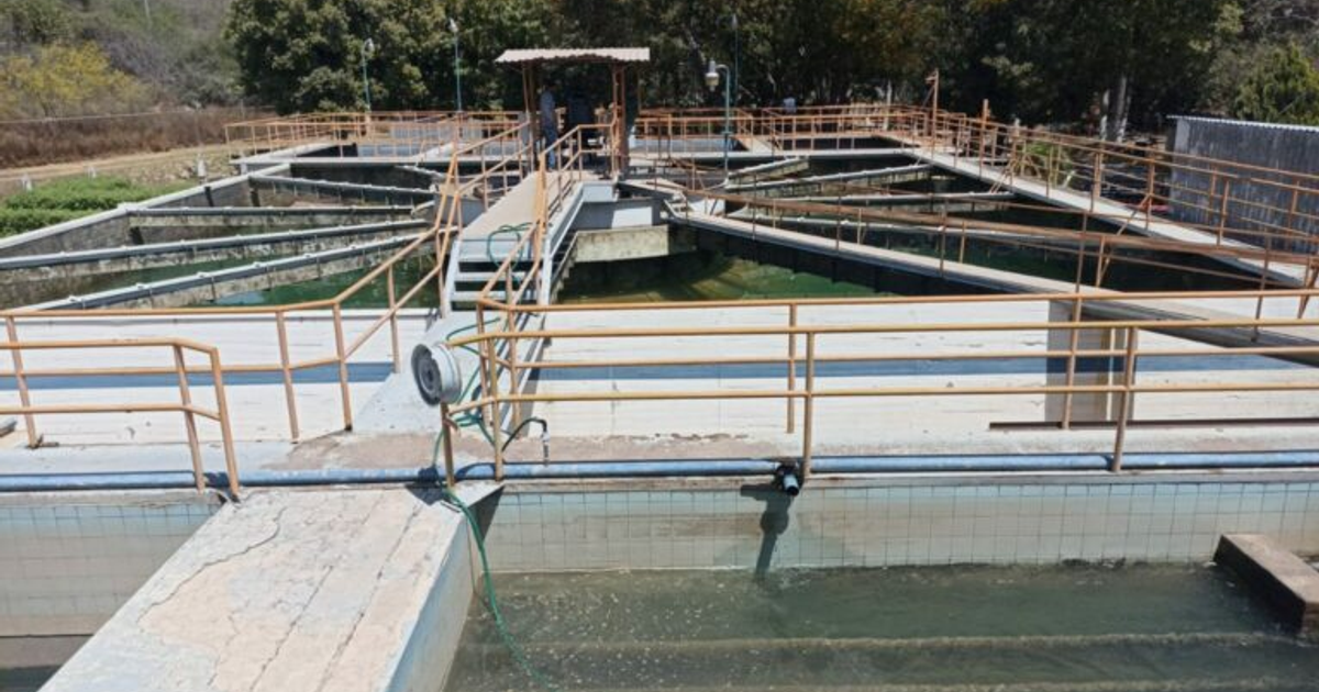 Vista de una planta de tratamiento de agua con tanques y barandas naranjas en un entorno rural.