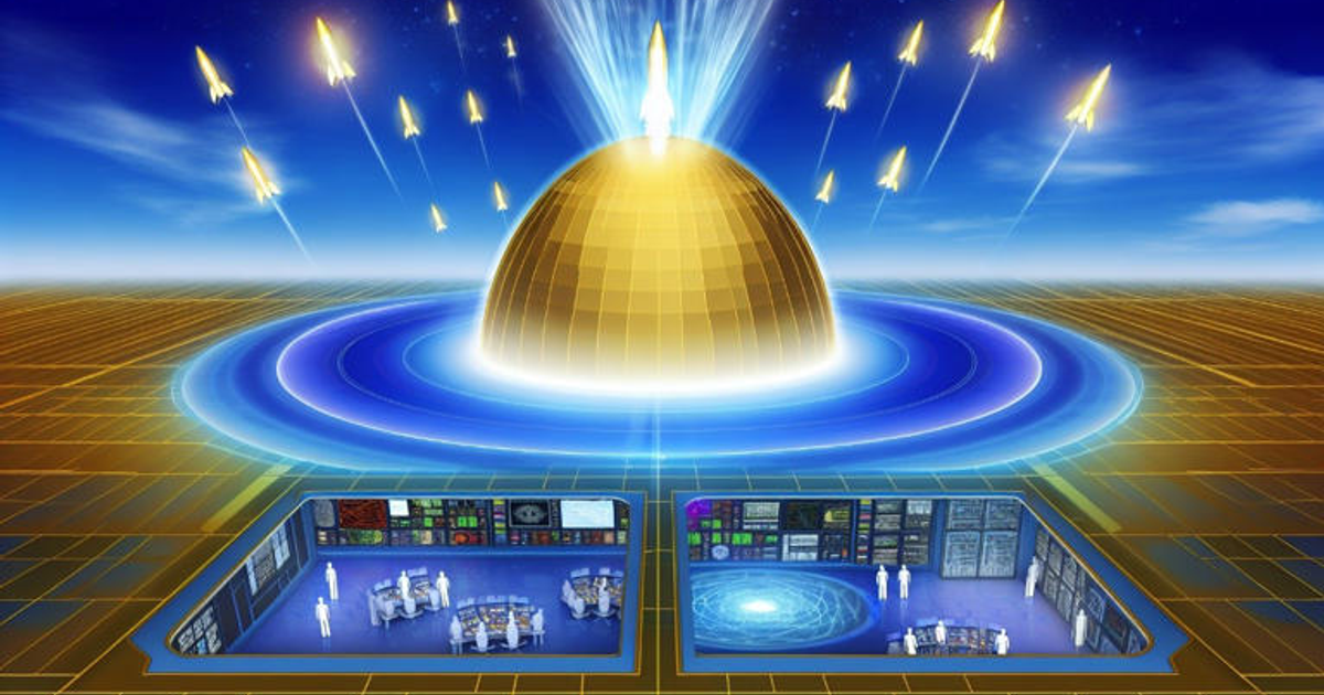 Escenario futurista del sistema de defensa Cúpula Dorada con cúpula dorada y cohetes emergentes.