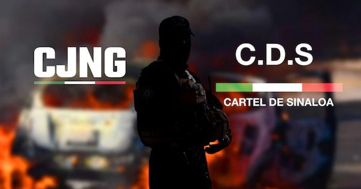 Operativo de seguridad con vehículos en llamas y referencias a cárteles en México.