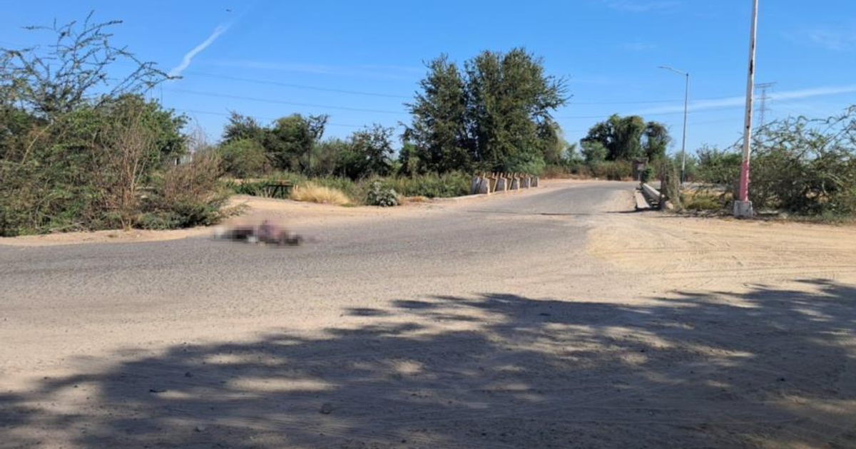 Cuerpo encontrado en El Quemadito, Sinaloa, junto a un puente, envuelto en una cobija púrpura y cubierto con una toalla blanca.