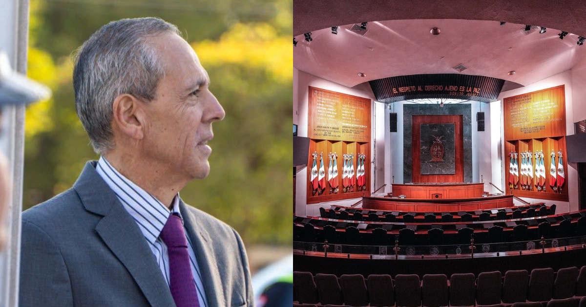 Hombre de perfil en traje gris y salón legislativo, relacionado con el desafuero del alcalde de Ahome.