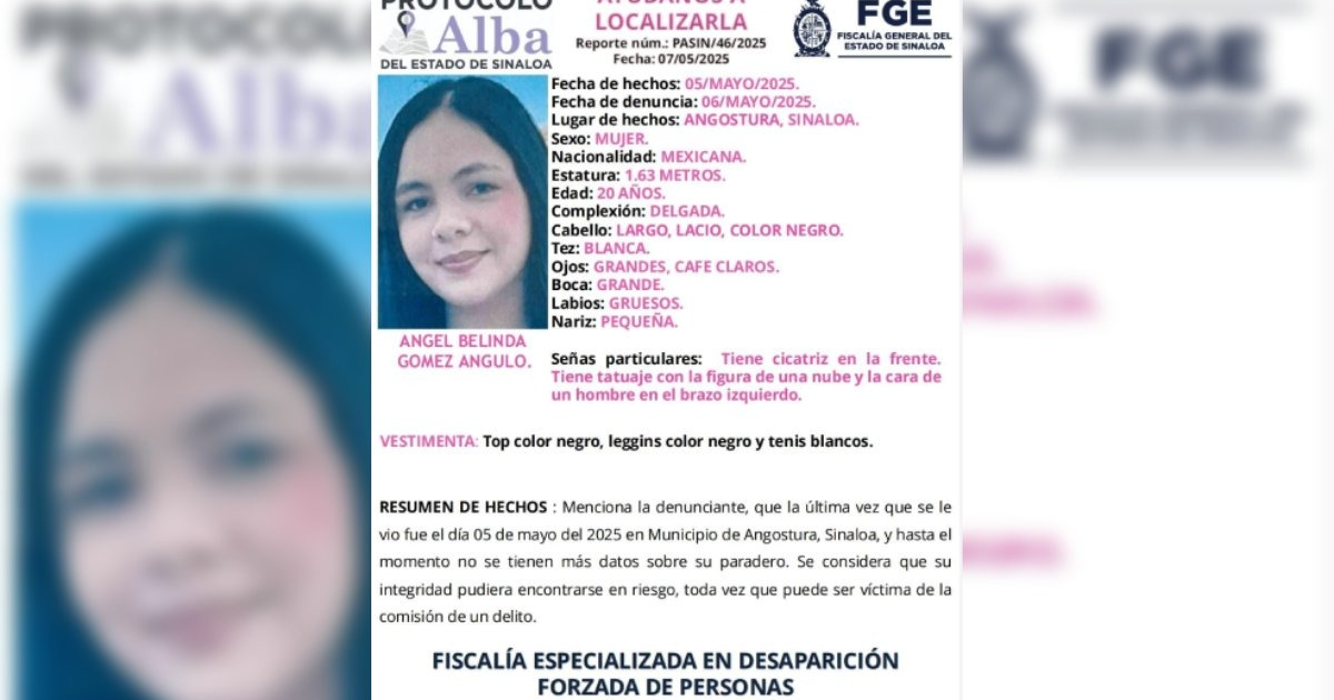 Aviso de búsqueda de Ángel Belinda Gómez Angulo bajo el Protocolo Alba en Sinaloa