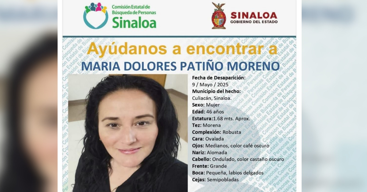 Cartel de búsqueda de María Dolores Patiño Moreno con detalles de desaparición y contacto.