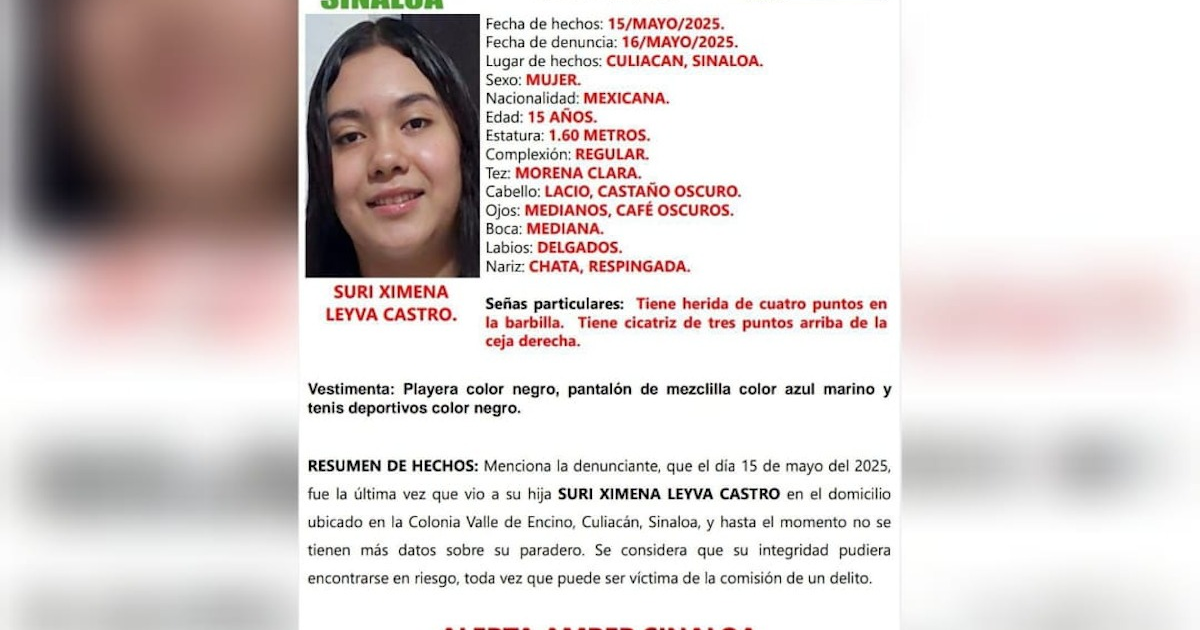 Documento de búsqueda de Suri Ximena Leyva Castro, adolescente desaparecida en Culiacán.