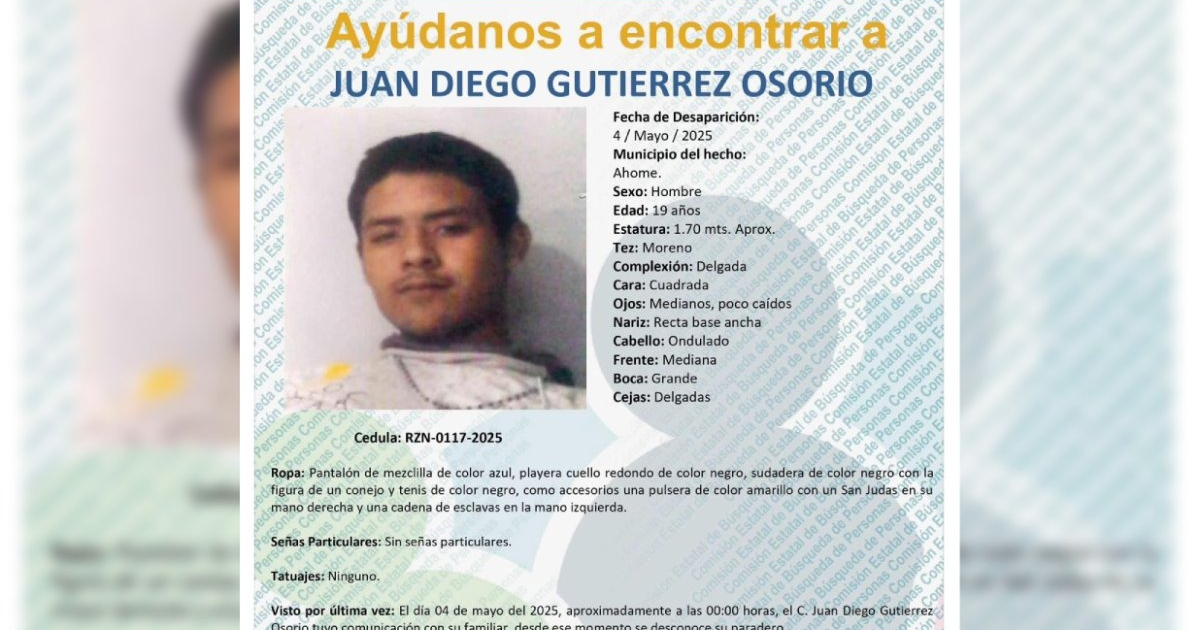 Cartel de búsqueda de Juan Diego Gutiérrez Osorio desaparecido en Los Mochis