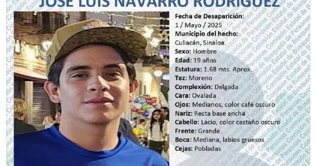 Aviso de búsqueda de José Luis Navarro Rodríguez, desaparecido en Culiacán, Sinaloa, el 1 de mayo de 2025.
