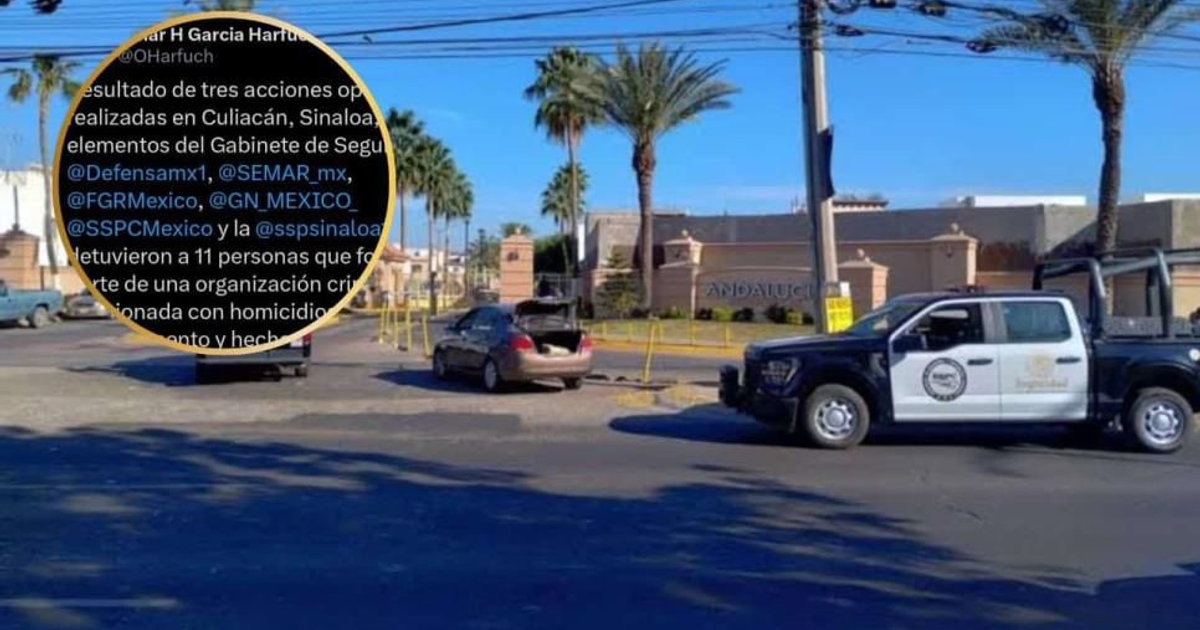 Operativo policial en Culiacán con vehículos y edificio al fondo