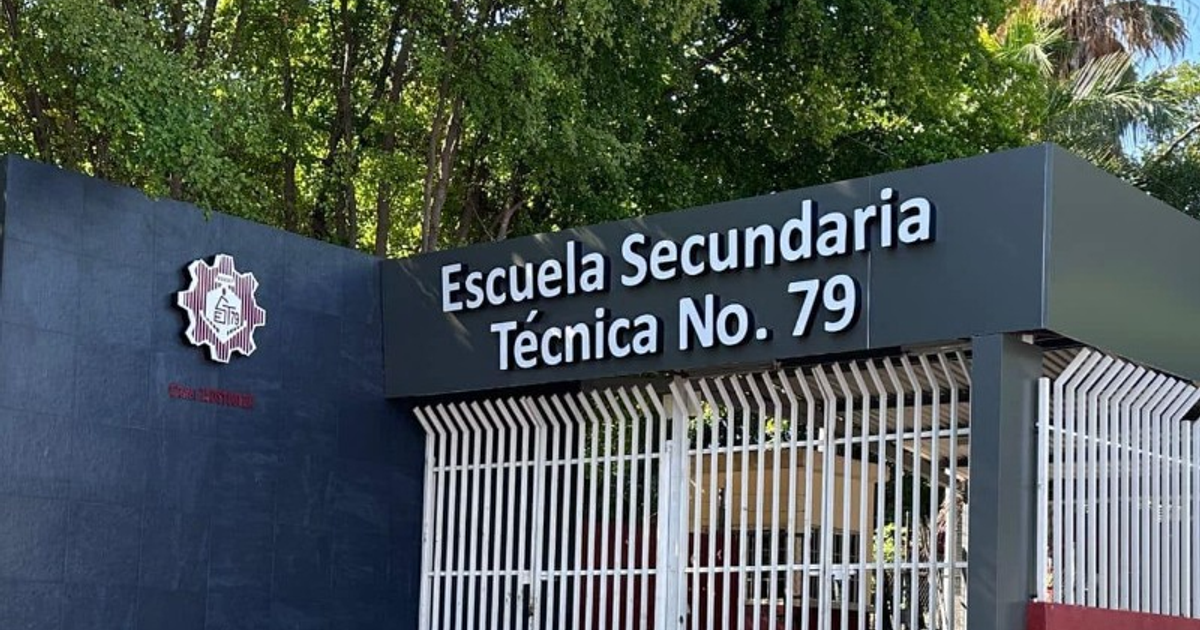 Entrada de la Escuela Secundaria Técnica No. 79 con reja blanca y árboles de fondo
